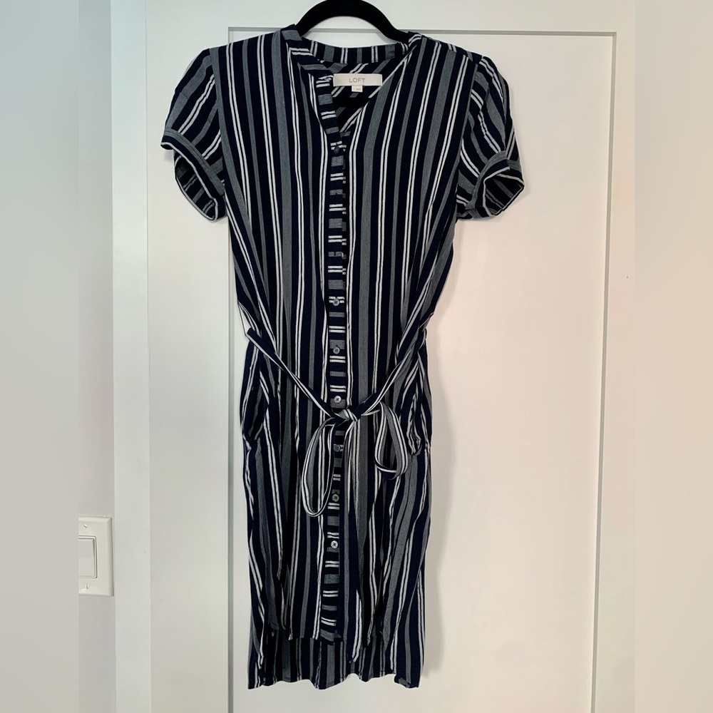 Loft navy, gray, and white striped dress